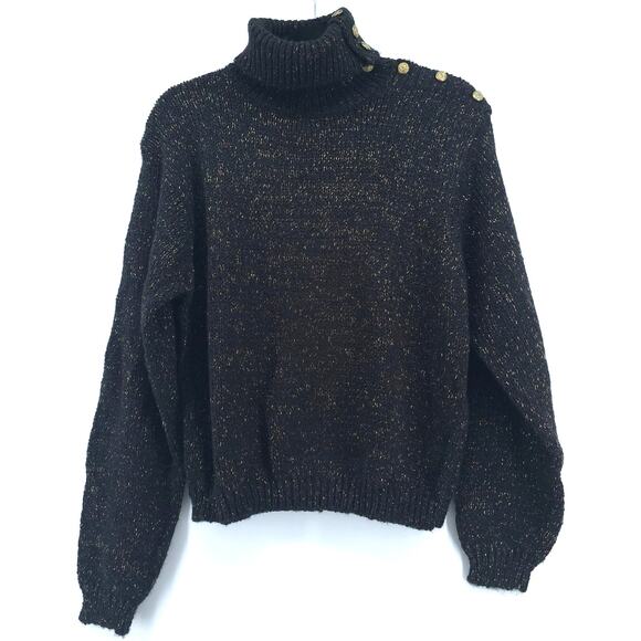 Vintage Toi Turtleneck Thick Ribbed Black & Gold Metallic Sweater Gold Buttons L - Picture 1 of 12